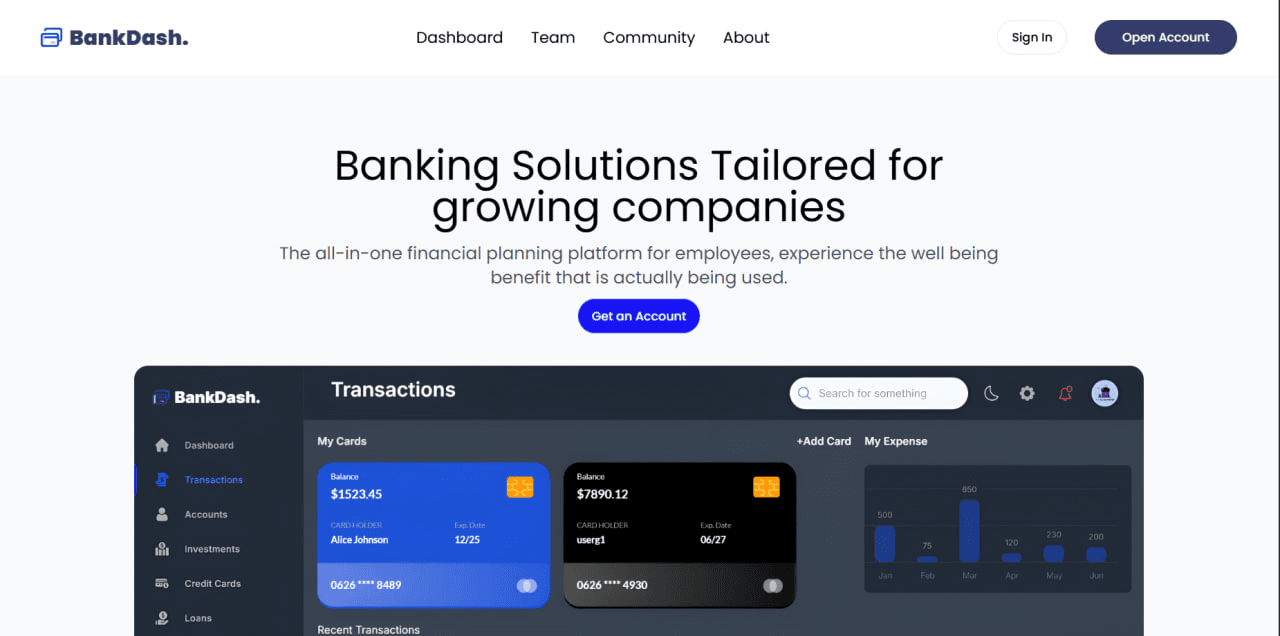 BankDash banking dashboard with virtual credit cards and expense management