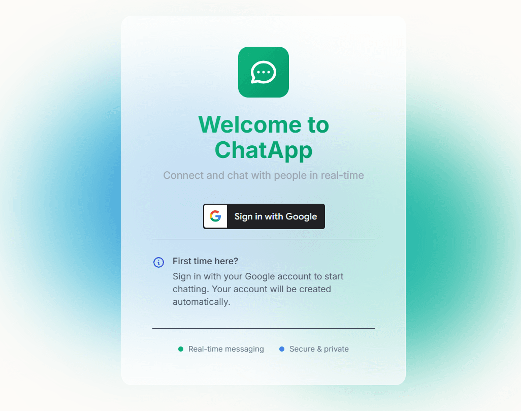 ChatApp interface showing real-time messaging with Google authentication and AI chat tools