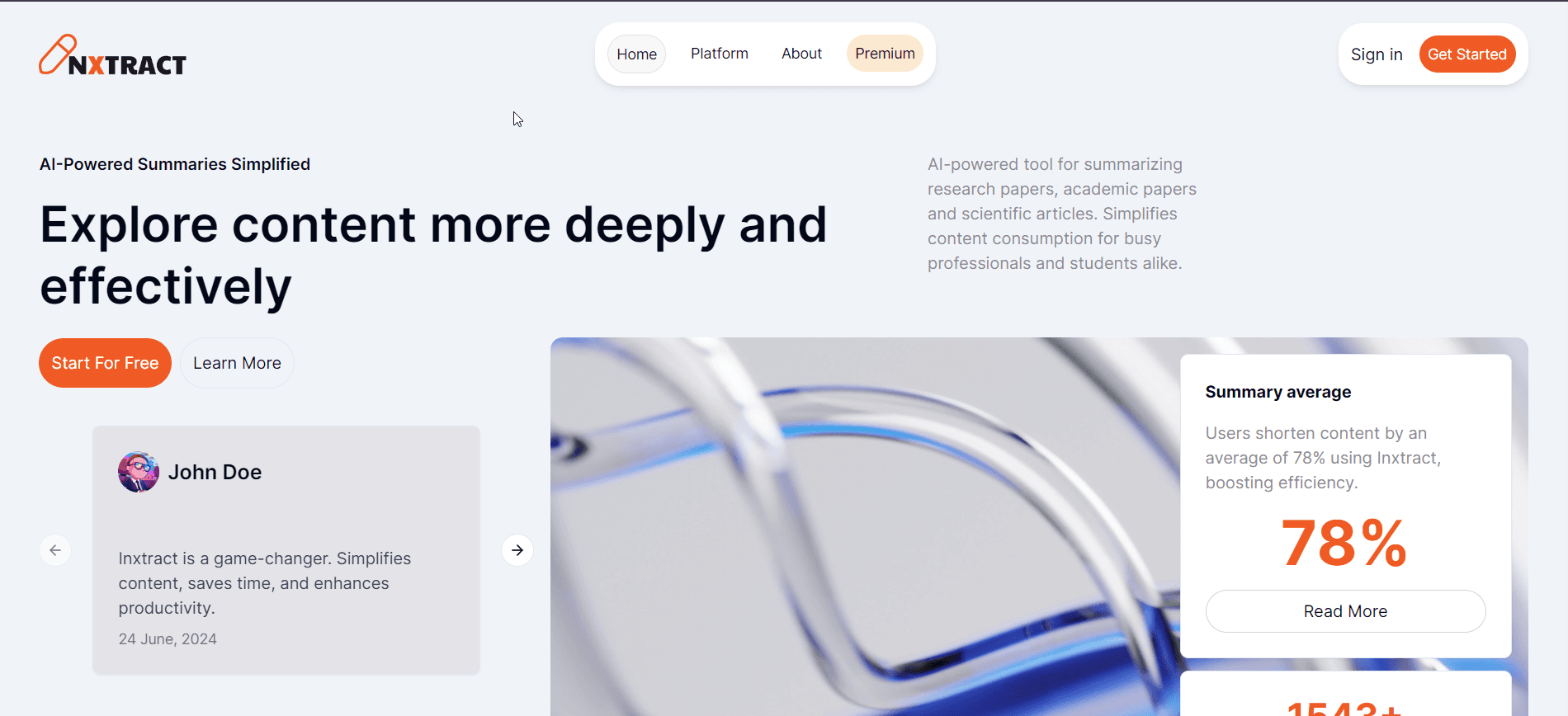 InXtract landing page for AI-powered research paper summarization
